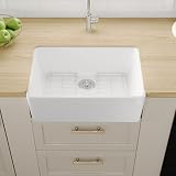 Évier de cuisine blanc en céramique style ferme DeerValley, Grand bac unique avec égouttoir et grille de protection, Cuve profonde 60,5 x 40,8 x 20 cm