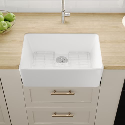 Évier de cuisine blanc en céramique style ferme DeerValley, Grand bac unique avec égouttoir et grille de protection, Cuve profonde 60,5 x 40,8 x 20 cm