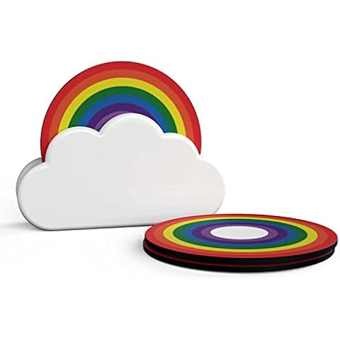 Rainbow Coasters / Drink Mats | Set of 5 Wooden Coasters in a Ceramic Cloud Holder | Vibrant & Fun Bar Coasters Set | Drinks Coaster, Beer Coaster, Coffee Coaster | 13x10x3.5cm Bamboo, Cork & Ceramic Cover