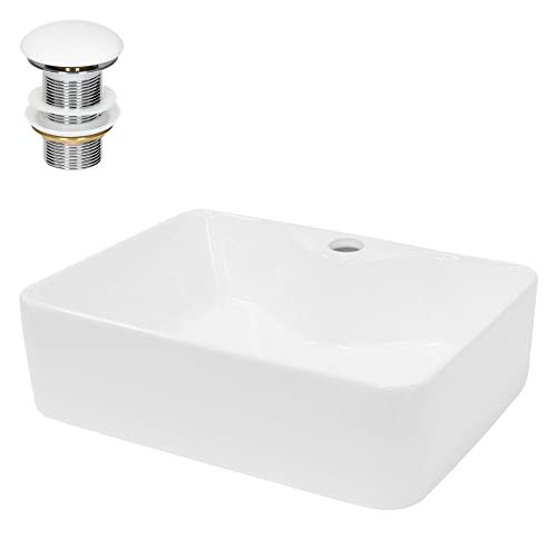 ECD Germany Lavabo Carré en Céramique, 480x380x140 mm, Blanc, avec Garniture de Vidage 1 1/4, pour Lavabo sans Trop-Plein, Vasque à Poser, Évier Moderne, Lave-Mains, Cuvette Salle de Bains Toilettes