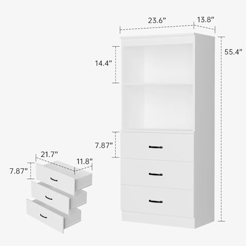 Image of 55.5 inch H Bookshelf with Drawers, Tall Bookcase with 2-Tier Open Shelves, Bookshelf and Bookcase with Storage Cabinet for Home Office,Living Room(White, 5-Tier)