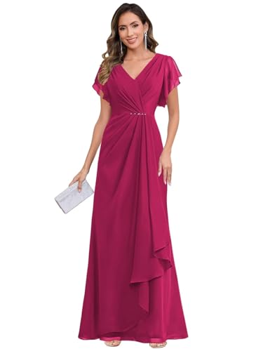 Modest Mother of The Bride Dresses with Sleeve Ruched V Neck Formal Wedding Guest Dress