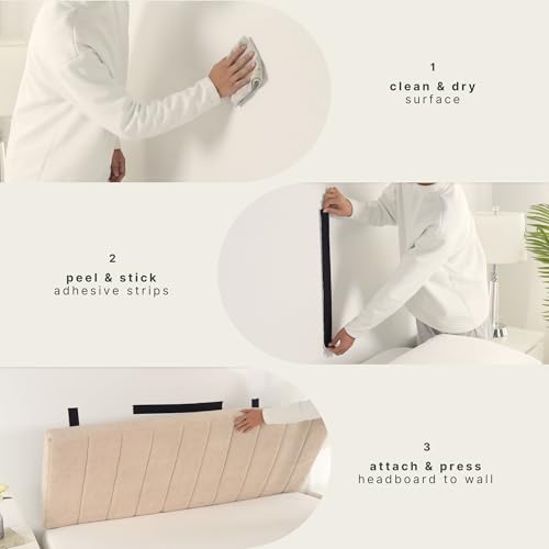Image of Hearth & Harbor Wall Mounted Queen Headboard Only, Bed Headboard Queen Size | Easy Assemble, Floating Peel and Stick, Upholstered, Channel Stitched, 3D Wall Panels, 5 Strips of 3M Tape Included, Beige
