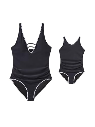 Image of IFFEI Mommy and Me Swimsuits V Neck Tummy Control One Piece Bathing Suit Family Matching Swimwear Beachwear