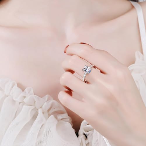 2 Carat Emerald Cut Moissanite Rings, 18K White Gold Plated 925 Sterling Silver Lab Grown Diamond Ring, D Color VVS1 Engagement Rings, Wedding Band Promise Rings for Her2