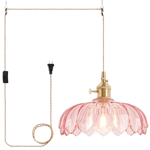 Image of Shenmoyl Plug in Pendant Light Hanging Light Fixtures with Plugin Cord On /Off Switch,Pink Scindapsus Glass Lampshade Brass Pendant Light