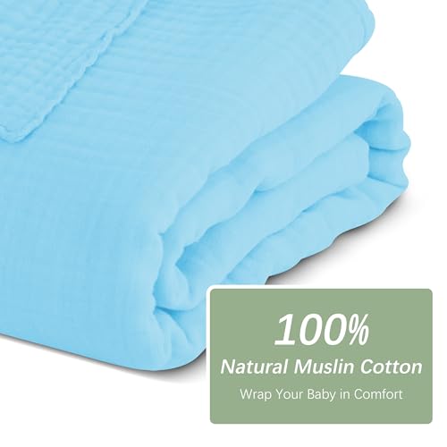 Image of SWEET DOLPHIN Muslin Baby Bath Towels Blanket - 2 Pack 100% Cotton Towel for Babies, Infants, Toddlers - 40x40Inch - Highly Absorbent, Blue