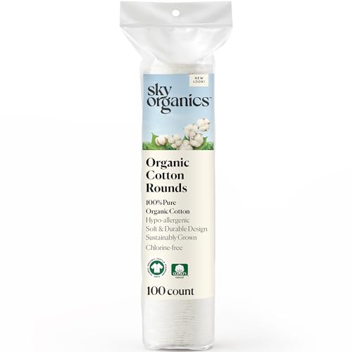 Sky Organics Organic Cotton Rounds for Sensitive Skin 100% Pure GOTS Certified Organic for Beauty & Personal Care 100 ct.