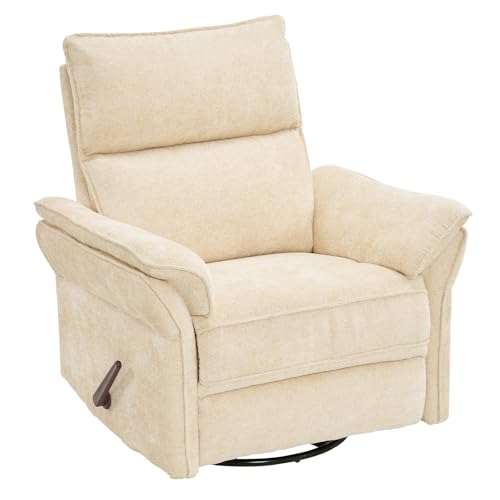 Image of Swivel Rocker Recliner with Adjustable Headrest,Upholstered Glider Rocker Recliner with Overstuffed Armrest,Manual Recliner Nursery Chair for Living Room,Beige