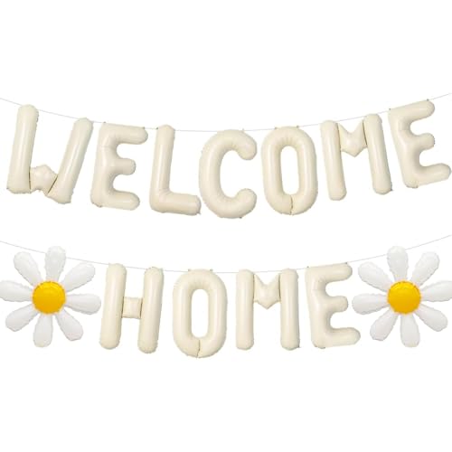 ALEGRE Welcome Home Deko Ballon Cremeweiß Willkommen Zuhause Deko Set mit Welcome Home Luftballons und Gänseblümchen Folienballon Willkommen Zurück Deko für Babyshower Familie Party Einweihungs