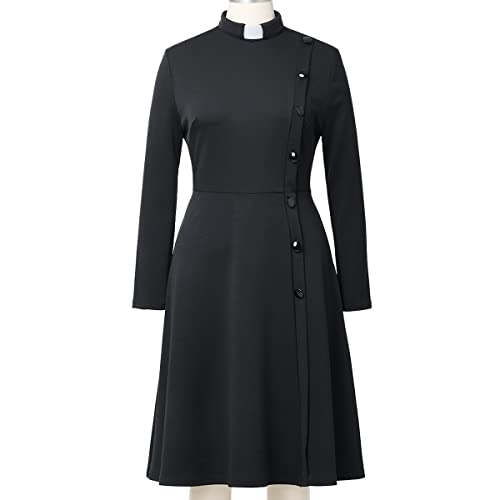 Fad-4U Church Priest Clergy Dress For Women Long Sleeve Rows Buttons A Line Dress With Tab Insert Stand Collar And Belt Black #TOP7