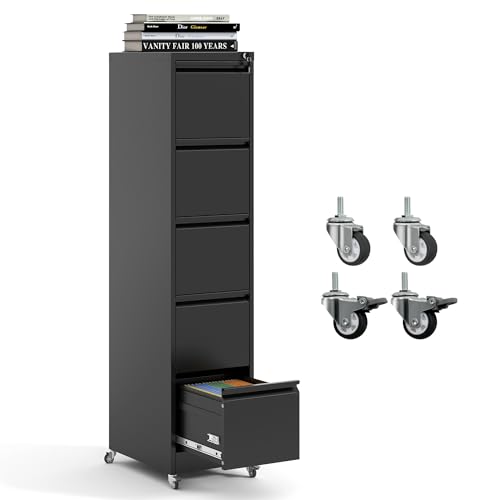 BIZOEIRON 5 Drawer Mobile File Cabinet, Metal Filing Cabinet with Lock and Wheels, Home Office...