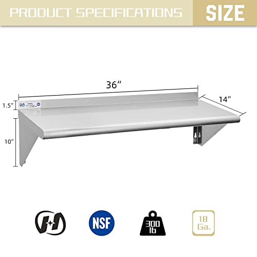 hally stainless steel shelf 14 x 36 inches 300 lb commercial wall mount floating shelving for restaurant kitchen home and hotel