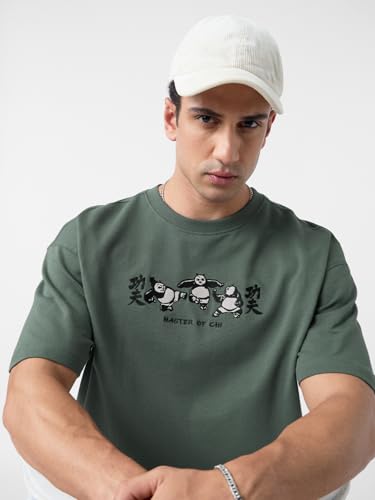 Image of The Souled Store Official Kung Fu Panda: Master Men and Boys Short Sleeves Round Neck Green Embroidered Cotton Oversized T-Shirts