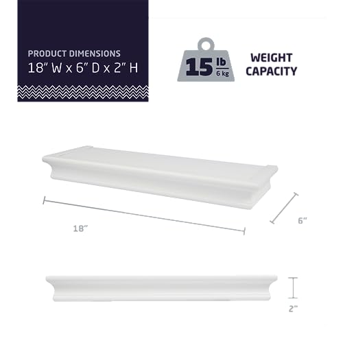 Image of HIGH & MIGHTY Floating Shelf 18 Inch | Tool-Free Wall Mounted Shelf for Drywall | Holds 15 lbs Beveled White Decorative Wall Shelf for Bedroom Living Room Bathroom Kitchen Storage