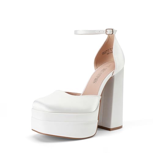 DREAM PAIRS Aurelia - Zapatos de tacón alto y grueso para mujer, puntera cerrada, puntera cuadrada, correa al tobillo, para boda, fiesta, zapatos de tacón, Satén blanco., 40 EU