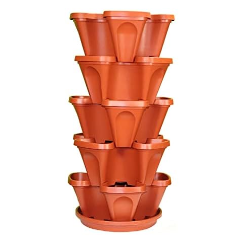 Mr. Stacky 5-Tier (2-Pack) 13x13x6 Strawberry Stackable Planter, 10 Total planters - Terracotta Color Cover