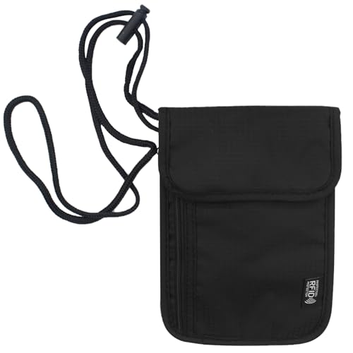 1 Bolsa para el Cuello Cartera portadocumentos Antirrobo de Viaje con Bloqueo RFID Pasaporte de Viaje Unisex con Bolsillos de Cremallera para Documentos Tarjetas de Crédito Monedas-Negro