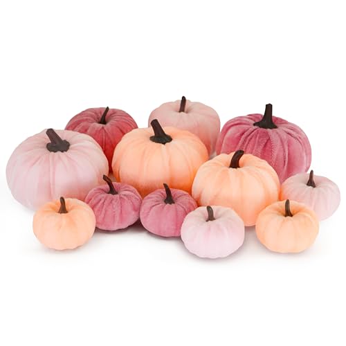 FAFVBING 12 Faux Flocked Pumpkins, Perfect for Fall Harvest, Halloween, or Thanksgiving Table Centerpieces(12, Rose red, Purple, and Pink)