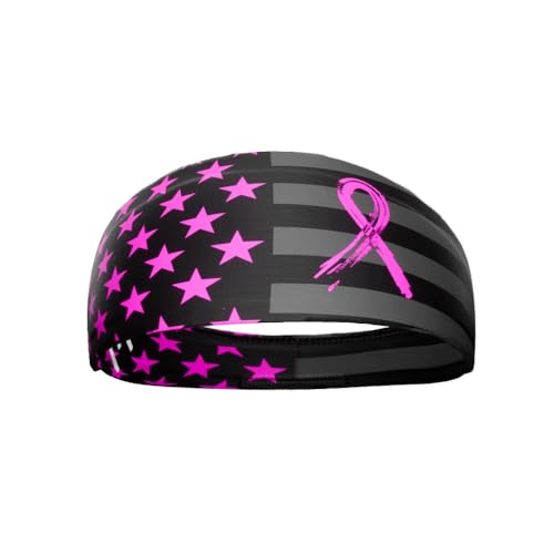 Unisex Headband/Sweatband. Best for Sports Fitness Working Out Yoga. Tapered Design. (Breast Cancer USA Flag)