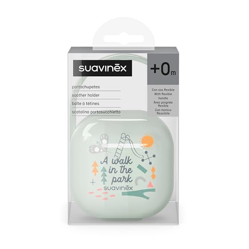 Suavinex Schnullerhalter für Jungen, enthält 2 Schnuller, Schnullerbox, Schnullertasche, mit Griff zum Aufhängen am Kinderwagen, 0 Monate, Walk in the Park, Grün