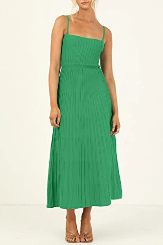 Uusollecy Women's Ribbed Knit Adjustable Spaghetti Straps Square Neck Summer Party Maxi Long Dress Green M #TOP1