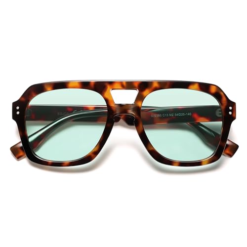 SOJOS Retro Thick Polarized Aviator Sunglasses for Women Men Large Trendy Bold Square Pilot Shades SJ2385 Tortoise/Light Green Tint