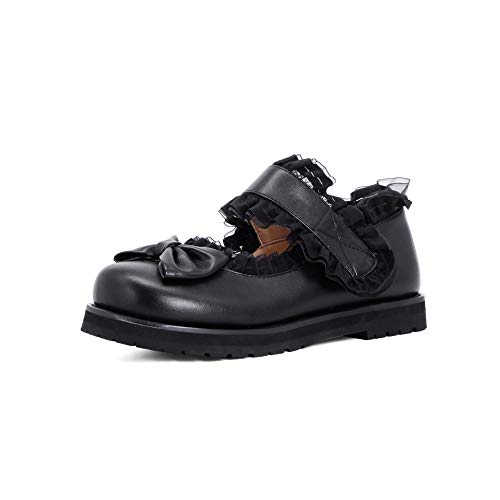 Sungtin Women Lolita Flats Kawaii Bowknot Mary Jane Shoes Lace Ruffle Velcro Cosply Dress Shoes Girl Black M 5.5