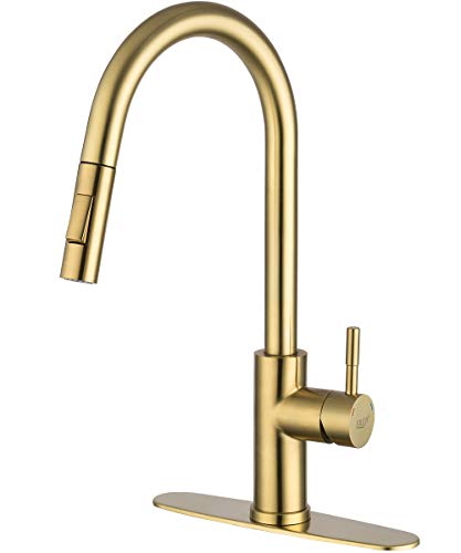 Gold Kitchen Sink Faucet with Pull Down Sprayer, Modern Single-Handle Stainless Steel Faucets Kitchen Faucet for Single Hole and 3 Hole with Deck Plate Gold Kitchen Sink Faucet with Pull Down Sprayer, Modern Single-Handle Stainless Steel Faucets Kitchen Faucet for Single Hole and 3 Hole with Deck Plate