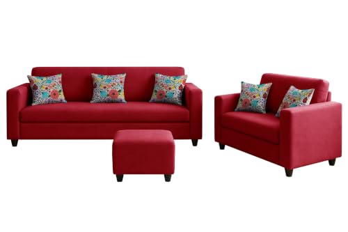 Image of Rosebell 3+2 Fabric Sofa Set with Ottoman | Premium Upholstery 5-Seater Sofa | with Printed Cushions | Living Room Furniture |Red-Color