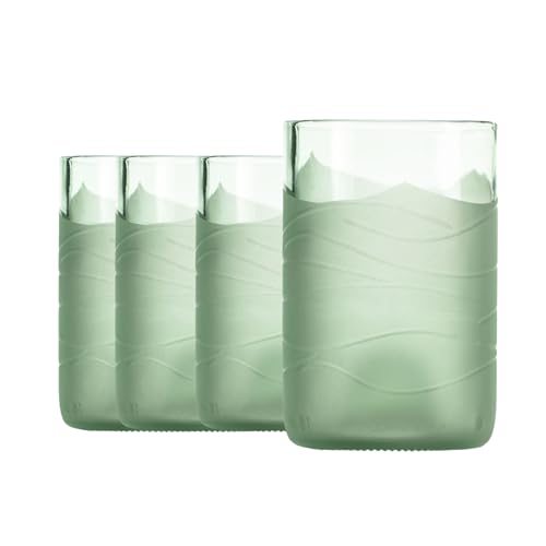 Rolf Glass Glacier Glass 12oz Tumbler | Recycled Glassware | Made in the USA | Antique Green Glass | Eco-Friendly Repurposed Wine Bottles | Set of 4