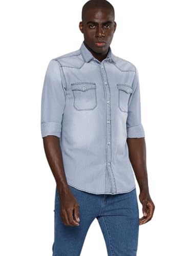 Image of The Indian Garage Co Men Slim Fit Solid Full Sleeves Cutaway Collar Double Flap Pocket Casual Denim Shirt
