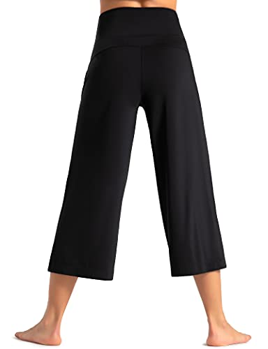 Wjustforu Women's Wide Leg Palazzo Lounge Pants Yoga Capris Culottes With Pockets Tummy Control Loose Pants For Workout (Large, A-Black) #TOP4