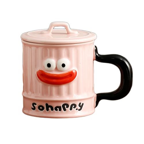 Jarsense Ceramic Coffee Mug with Handle and Lid, Cartoon Big Mouth Coffee Mug, 400ml Breakfast Oatmeal Mug