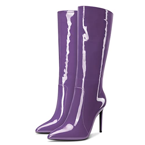 Aachcol Women Stiletto High Heel Mid Calf Boots Zipper Close Pointed Toe Dress Shoes Patent 4 Inch4