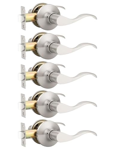 Image of Mengico 5 Pack Satin Nickel Modern Interior Passage Door Knobs, Keyless Door Handle for Hallway & Closet, Wave Style Non-Locking Door Lever Reversible for Left & Right Handed