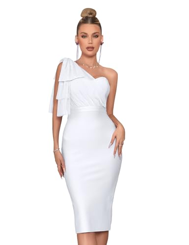 Image of Mesh One Shoulder Bow Bodycon Midi Graduation Birthday Dinner Dress Bandage Party Dress