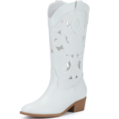 WOKOOT Women's Cowboy Boots White Size 7.5 Mid Calf Leather
