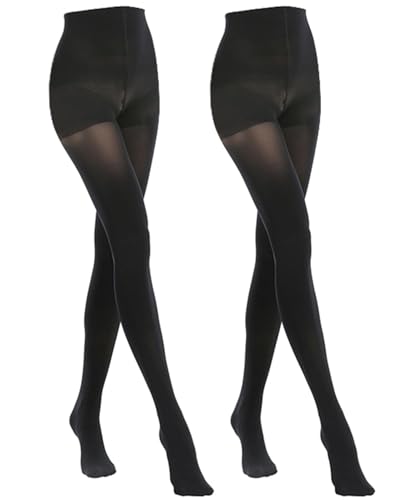 MANZI Women's 2 Pairs Classic Opaque Control-Top Tights with Comfort Stretch 70 Denier Black XL
