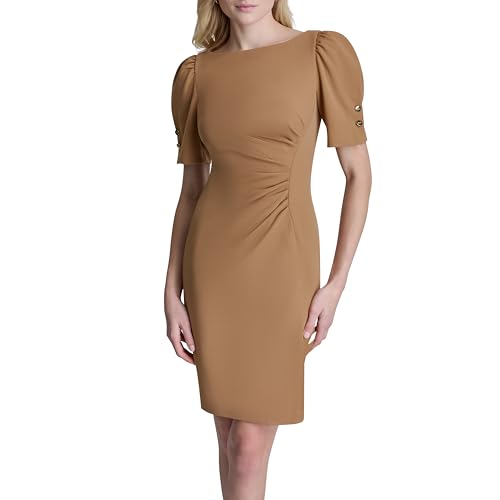 Image of DKNY Women's Short Sleeve Ruched Knee Length Sheath Dress with Button Detail