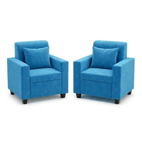 Image of FURNY QualityWood 3 Seater + 1 Seater + 1 Seater Fabric Sofa Set (Aqua Blue) with Velvet Finish | Durable Comfort | Ideal for Living Room