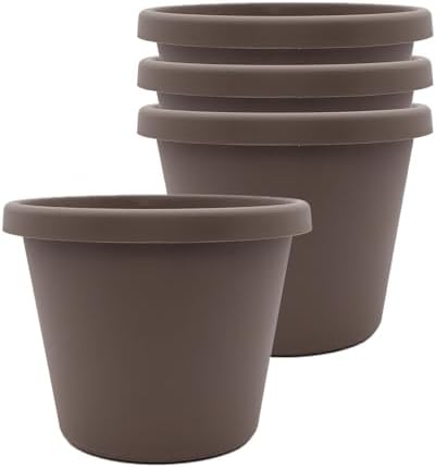 The HC Companies 6 Inch Round Prima Planter - Small Plastic Plant Pot with Rolled Rim for Indoor Outdoor Plants Flowers Herbs, Cappuccino (Pack of 4)