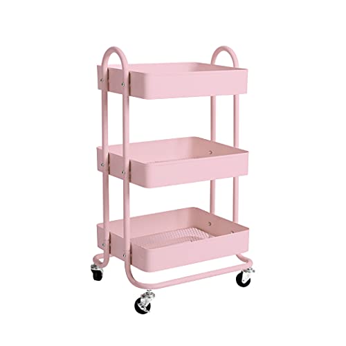 Levede 3 Tiers Kitchen Trolley Cart Steel Storage Rack Shelf Organiser Pink, Metal Utility Cart, 3-Tier Kitchen Trolley with 4 Wheels, Rolling Storage Cart Trolley for Kitchen Storage & Organisation