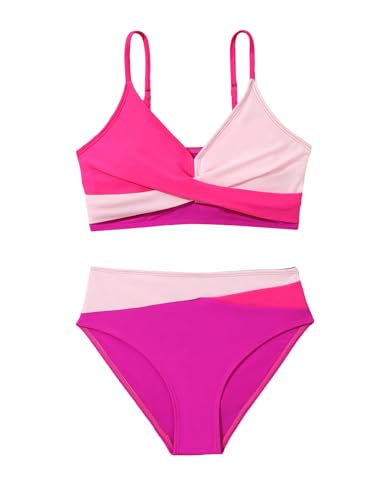 WDIRARA Girl's Color Block Twist Criss Cross Bikini Set Swimsuit Two Piece V Neck Bathing Suit
