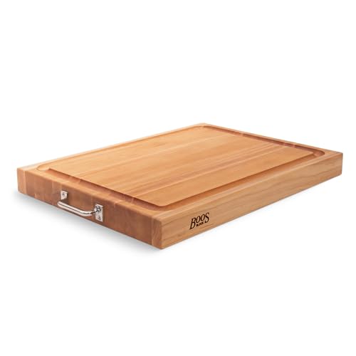 John Boos Handle Boards Series Rectangular Wooden Maple Cutting Board 24”x18” – 2.25” Thick, 30-lb Reversible Butcher Block with Juice Groove, Edge-Grain & Metal Handles