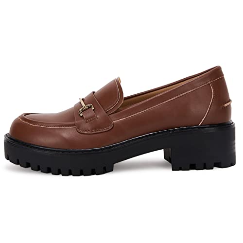 Image of VETASTE Women's Platform Chunky Heel Loafers Slip on Business Casual Shoes | Classic Closed Round Toe, Lug Sole, Work Office Uniform Oxfords, Metal Chain