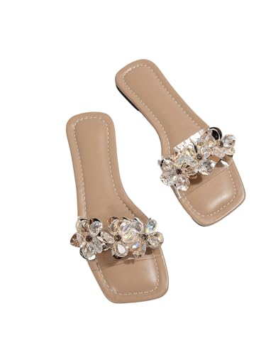 OYOANGLE Women's Rhinestone Flower Decor Clear Strap Sandals Square Toe Flat Sandals3