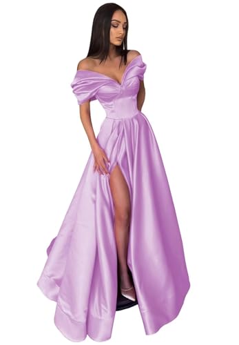 Image of Pleated Off The Shoulder Satin Prom Dresses for Women, Formal Evening Gowns Cocktail Party Dresses with Slit&Pockets