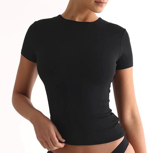 Arkim Y2K Slim Fit Crop T-Shirt - Short Sleeve Street Fashion Summer Top for Women (Basic-Black, L)