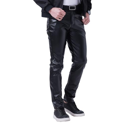 Men's Skinny Faux Leather Pants Slim Fit Stretch Casual Motorcycle Biker Pants Night Club Metallic Punk Pants